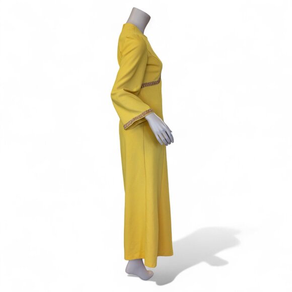 Vintage 1960s Goldenrod Yellow Maxi Dress with Metallic Gold Trim * Medium - Picture 10 of 10